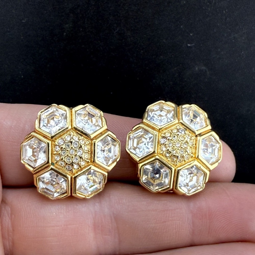 Vintage Swarovski Earrings Rhinestone Clip Ons Honeycomb